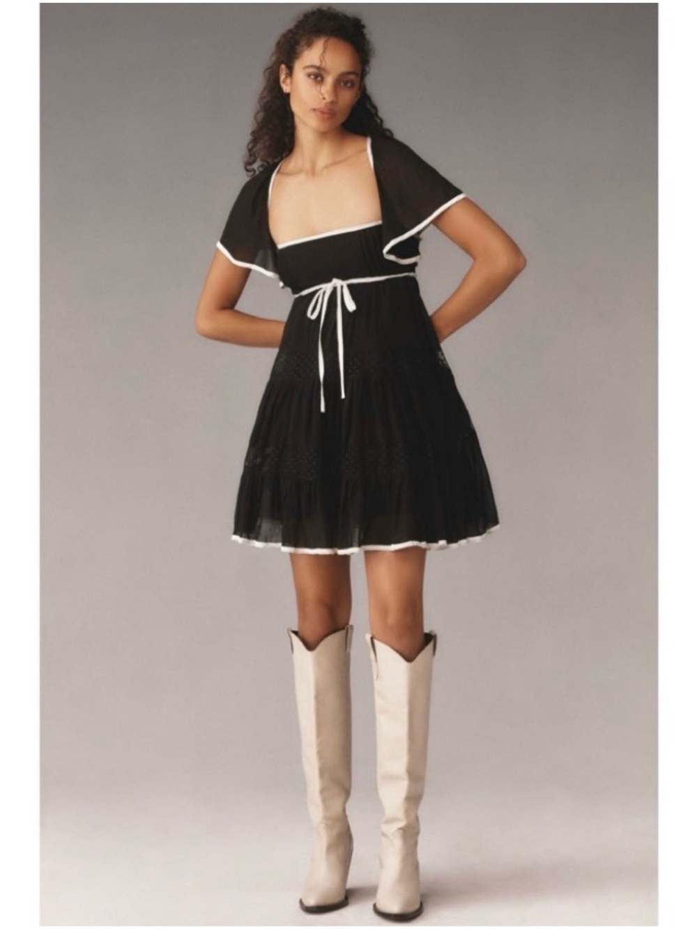 Anthropologie Maeve Black Flutter-Sleeve Bow Babydoll Mini Dress Lace Sz S NWT